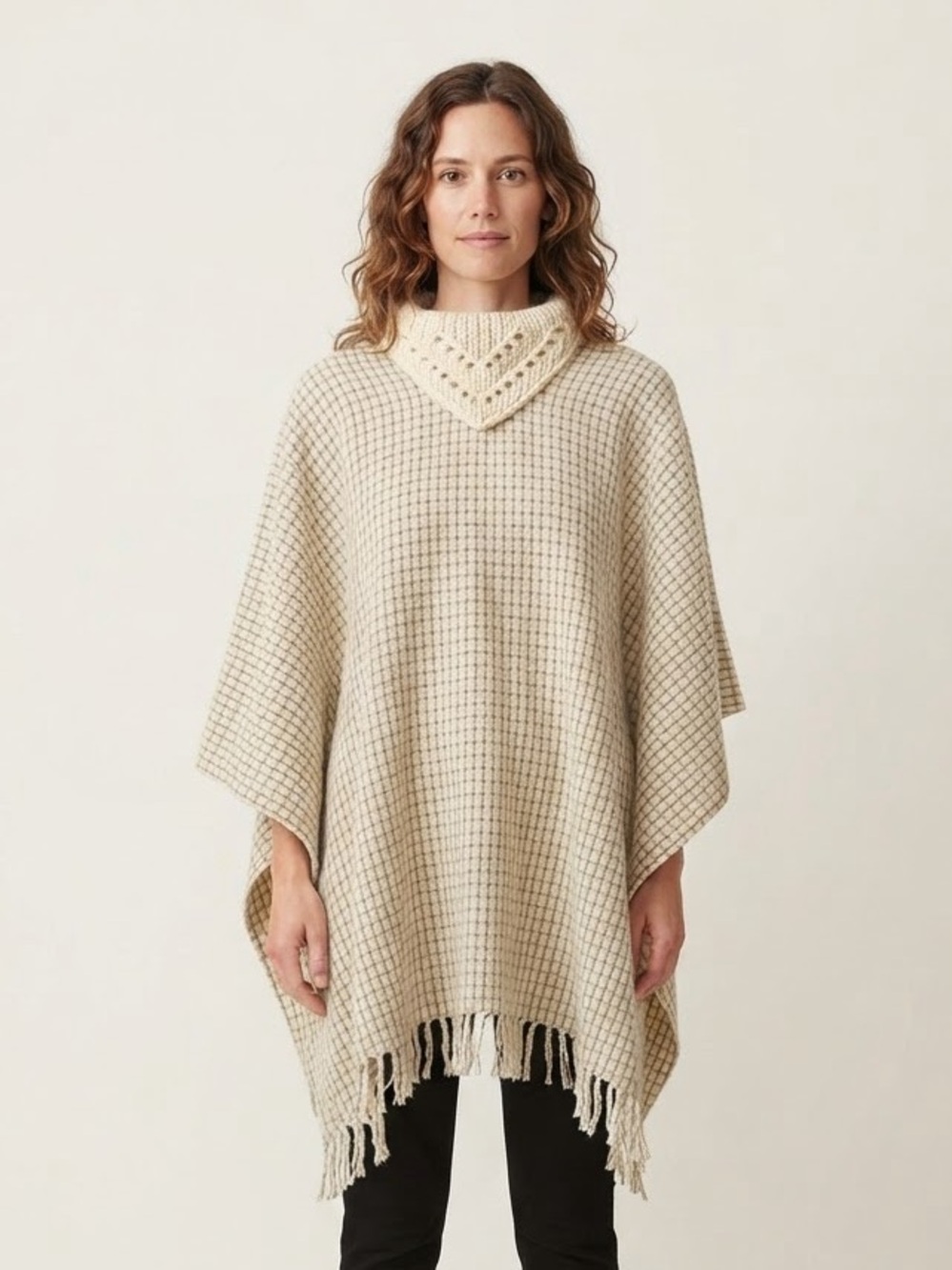Vintage Wool Cream Knit Collar Plaid Fringe Western Casual Long Poncho